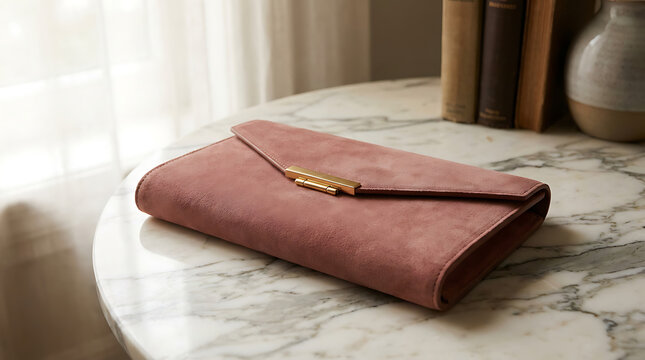 Dusty Rose Suede Clutch Handbag with Gold Clasp Detail Resting on Marble Surface