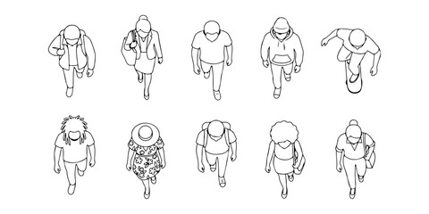 Top View Walking People White Fill Vector Set, Overhead Crowd Characters Collection with Shadows, Urban Pedestrians for Architecture Plans and Clean City Scene Design © MkJutt