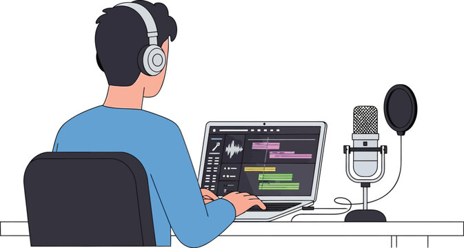 Man recording audio podcast on laptop with microphone and headphones