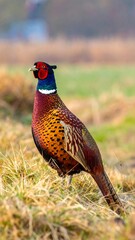 Fototapeta premium A vibrant bird with colorful feathers stands in a field