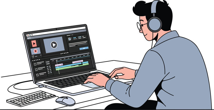 Man working on video editing software on laptop with headphones on