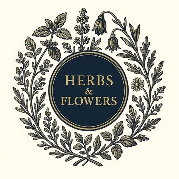 Victorian botanical illustration style badge with wreath of herbs and flowers, circular label design, engraving aesthetic, dark navy and gold