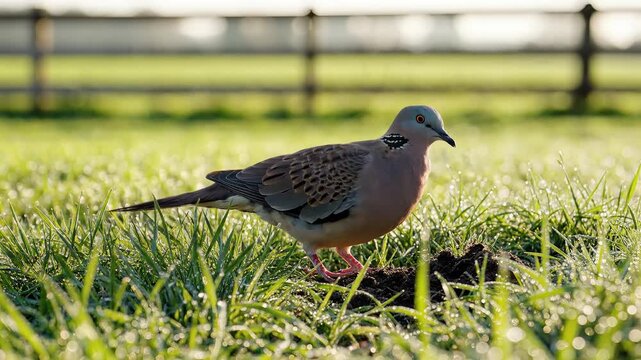 A Beautiful Turtle Dove Forages in Dewy Green Grass.