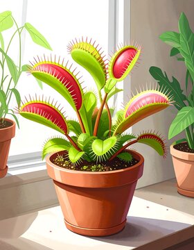 Cartoon Venus flytrap in pot by window, other green plants around, sunny bright, indoor, peaceful, serene