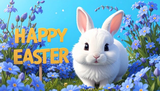 "White rabbit among blue flowers with Happy Easter text under clear sky."