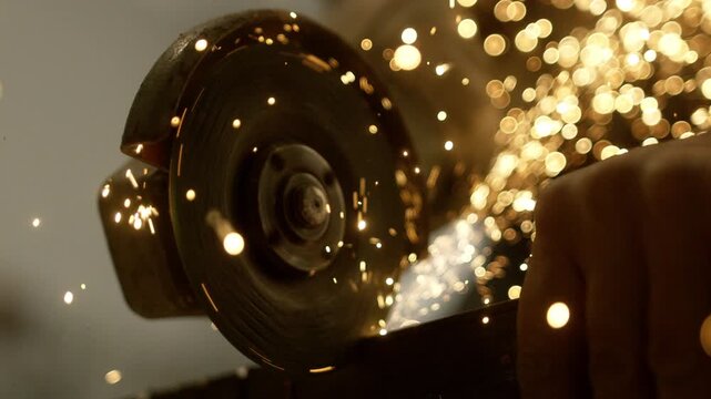 A person grinds metal in a workshop. Sparks fly as the tool cuts through the surface. Bright lights and tools surround the worker as they focus on their task.