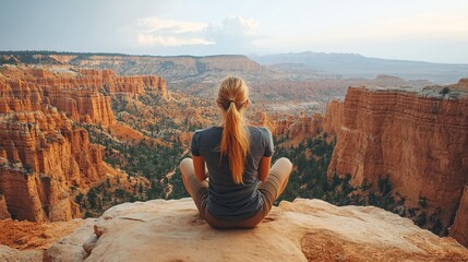 A woman sits on a cliff's edge, gazing out at a vast canyon with rugged terrain and serene natural beauty.