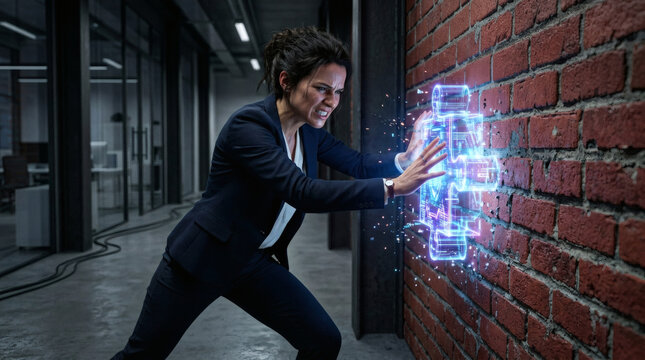 Businesswoman forcing glowing digital puzzle piece into brick wall
