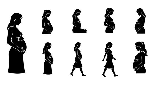 Set of pregnant women &ndash; simple vector icons isolated on a transparent background