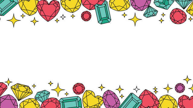 Decorative border composed of sparkling colorful gemstones in various shapes like heart, oval, and emerald cut.