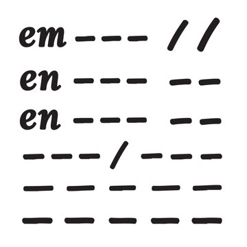 Hand drawn ink dashes and slashes collection with em and en typography labels set of black brush strokes elements