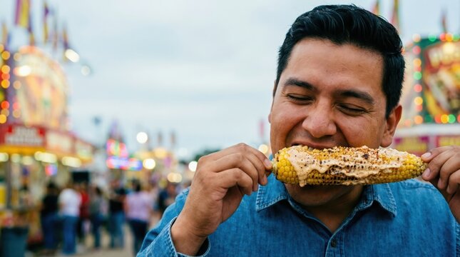 Man eating grilled corn on cob at busy county fair