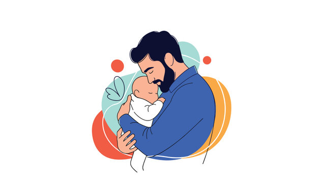 Loving father with a beard wearing a blue shirt gently holds and cuddles his sleeping baby against a colorful abstract background.