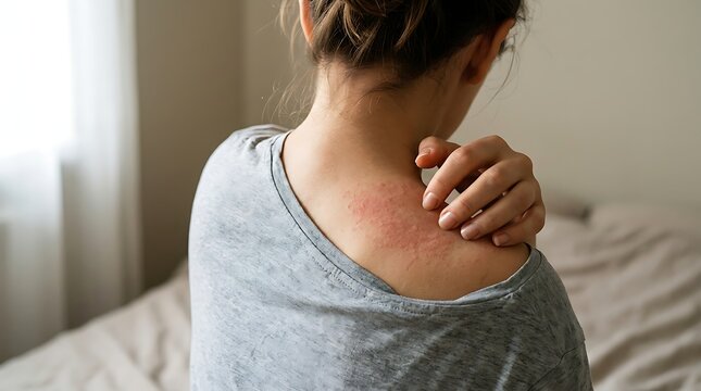 Woman with red skin rash on her back and shoulder scratching itchy allergic reaction skin condition