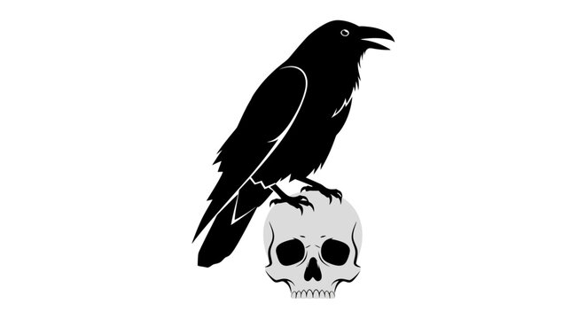カラスが頭蓋骨の上にとまっているシンプルな黒と白のイラスト。