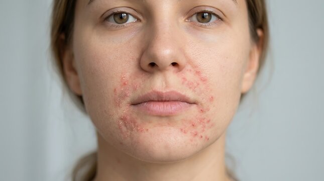 Woman with acne on her face skin problems