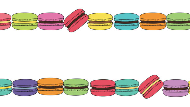 Colorful French macarons arranged in a seamless top and bottom border pattern on a plain white background, ideal for bakery and dessert branding.