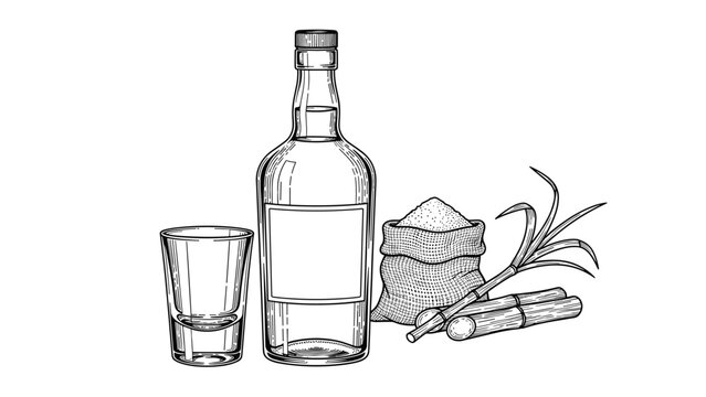 Vintage style hand-drawn sketch of a rum bottle with a blank label next to a shot glass, bag of sugar, and fresh stalks of sugarcane on white.