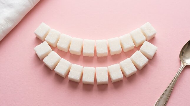 Sugar cubes arranged in a smile shape with a spoon on pink background for sweet treat or healthy eating concept