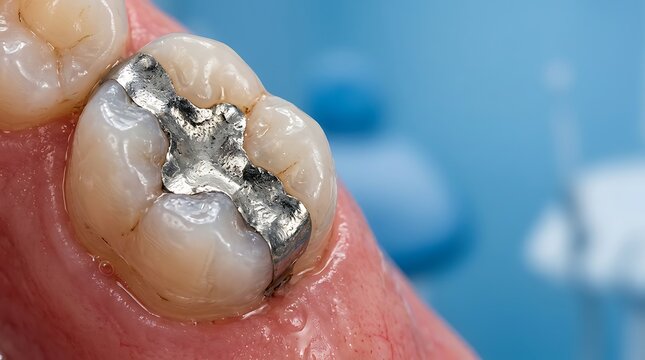 Dental molar tooth with silver amalgam filling close up, dental health and restoration concept, tooth repair