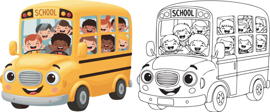school bus vector illustration of children learning kid color book