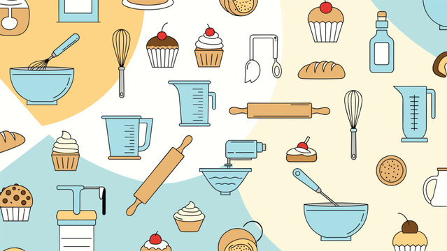 Seamless pattern background featuring various baking ingredients and kitchen tools like mixers, rolling pins, cupcakes, and blue measuring cups.