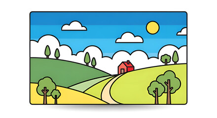 Fototapeta premium Scenic rural landscape illustration featuring rolling green hills a winding path a red house trees fluffy clouds and a bright yellow sun