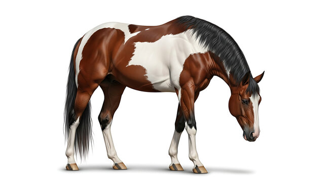 Beautiful paint horse standing and grazing in a studio setting
