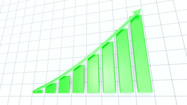 Green bars rise on a white grid background with upward arrow pointing clearly to growth and progress visible in structured 3D layout