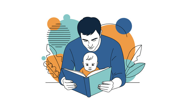 Caring father reading a picture book to his young baby in a cozy setting with abstract shapes, promoting early childhood literacy and bonding.