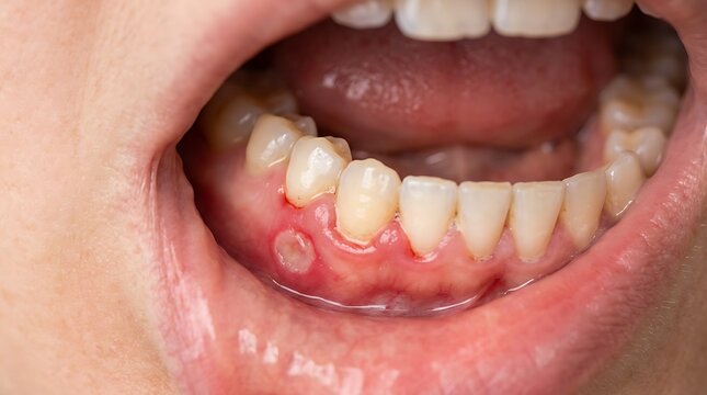Close up of mouth with inflamed gums and teeth, showing signs of gum disease or gingivitis, dental health issue