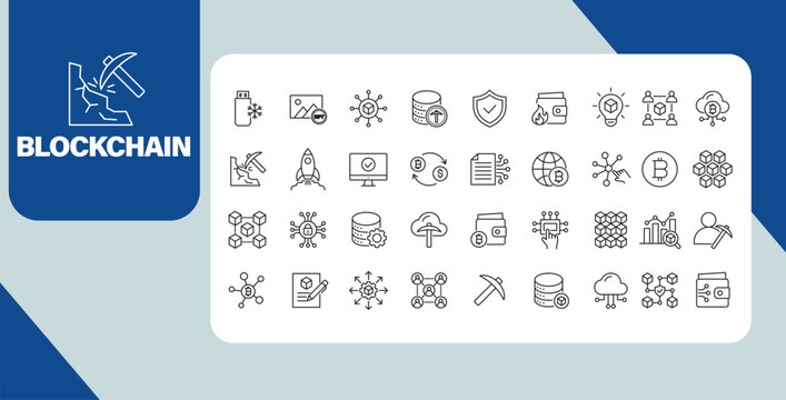 Blockchain technology concept banner with cryptocurrency network and digital finance line icons set