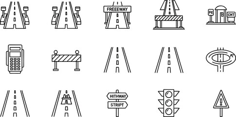 Vector Icons Set of Roads, Highways, Traffic Signs, Barriers, and Toll Booths for Transportation and Infrastructure Design Projects © MdRoni