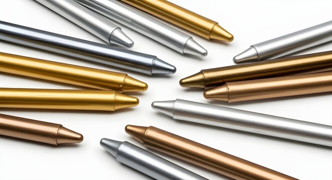 Assorted metallic pencils with different tip designs and finishes laid out in parallel rows