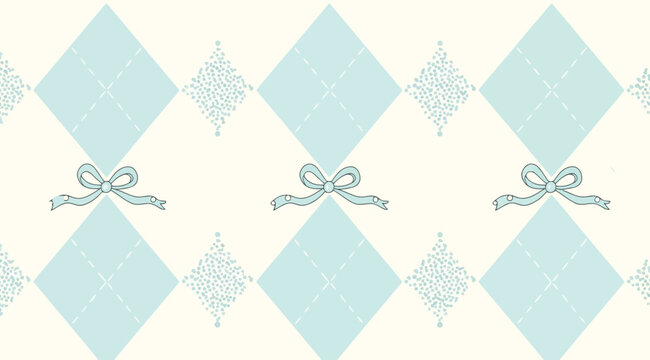 Seamless pattern with mint green argyle diamonds and cute bows on a cream background