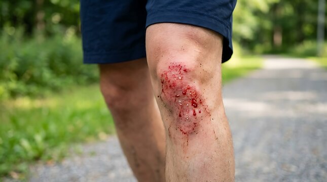 Close up of a man's knee with a large scrape and blood on a road outdoors