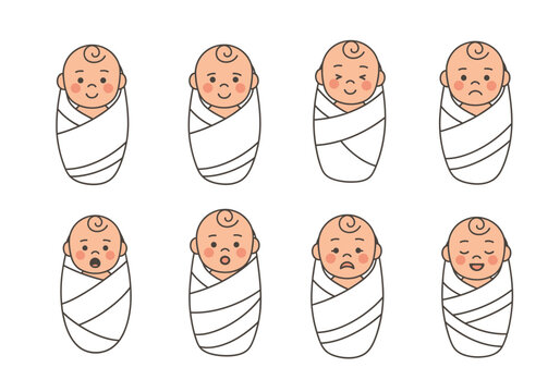 赤ちゃんのさまざまな表情をしたイラストで、包帯を巻いています。