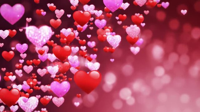 Animated hearts float and sparkle in a romantic red and pink bokeh background
