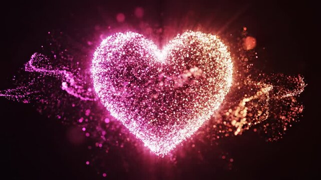 Abstract glowing pink and orange particles forming a heart shape with wings