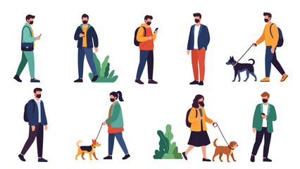 Fototapeta premium Diverse people wearing protective face masks walking their dogs and using smartphones in a city street setting.