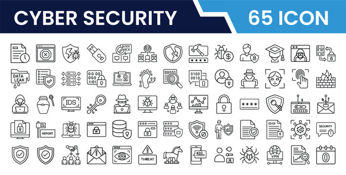 Outline Cyber Security Icon Set in Line Art Style for Data Protection, Firewall, Antivirus, Encryption, Privacy, Secure Network, Malware Defense, and Digital Interface Design