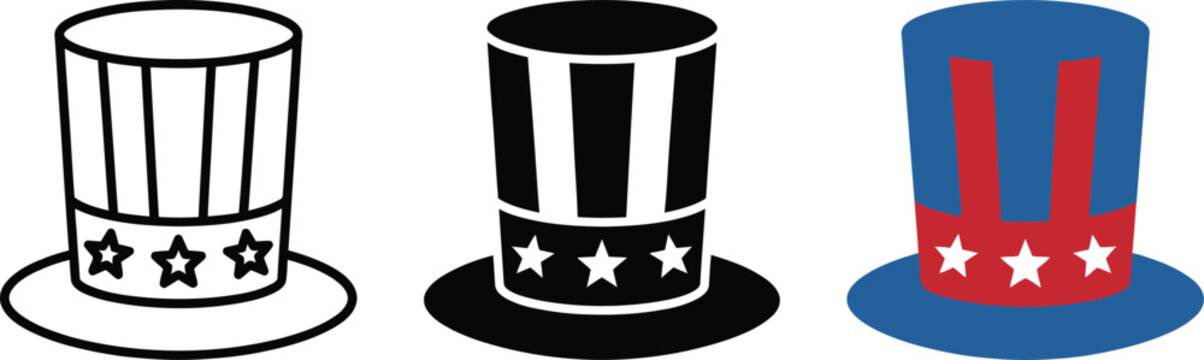 Three variations of patriotic stovepipe hats featuring stripes and star patterns for celebrating national holiday event designs
