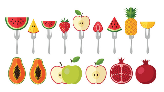 Creative collection of various fruit slices on silver forks and cross sections of fruit including watermelon, apple, pineapple, and papaya.
