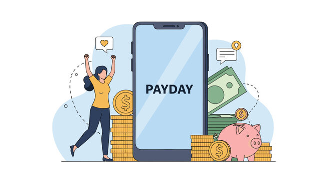 Joyful woman celebrating payday next to a large smartphone with stacks of coins cash and a pink piggy bank.