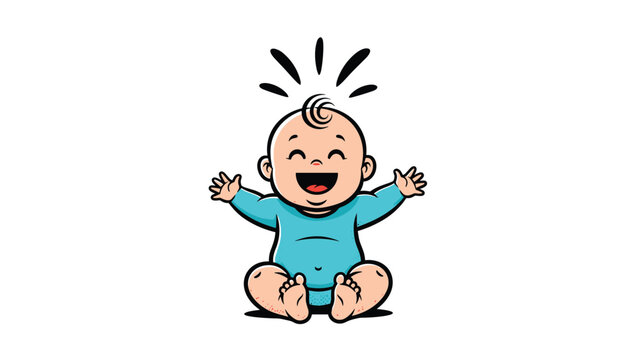 Cheerful baby character sitting and laughing with arms wide open in a playful pose against a clean white background.