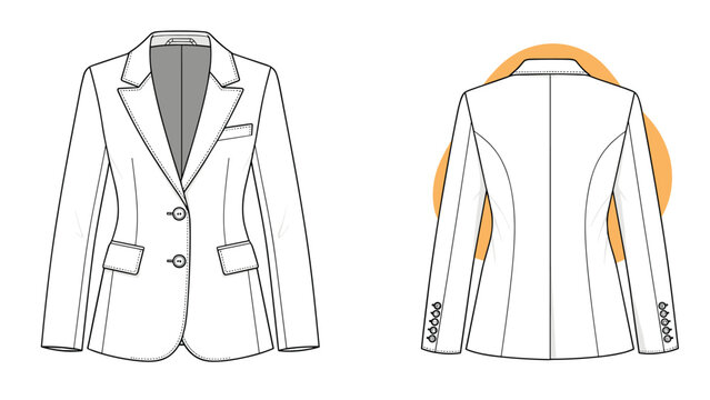 Women blazer suit jacket fashion technical drawing template showing front and back views with details like buttons and pockets for design.