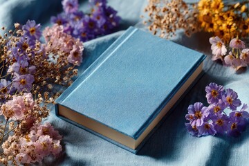 Fototapeta premium Hardcover mockup on pastel blue linen