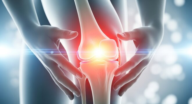 Knee joint pain illustrated in a 3D medical graphic. A glowing light is centered within the knee area with hands gently supporting the bones.
