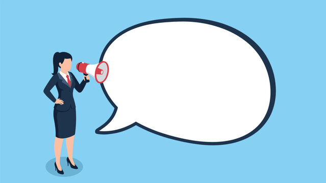 Professional businesswoman in a suit holding a megaphone standing next to a large empty speech bubble for customized marketing text copy.