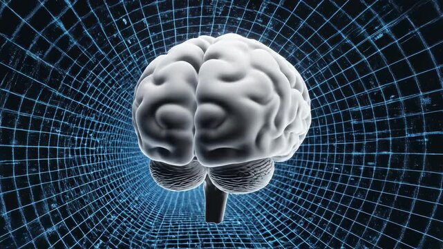 Abstract 3D brain model with digital grid and data streams